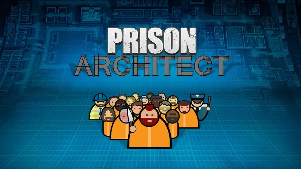 Prison Architect: Cover mit Gefängnisinsassen und einem Bauplan im Hintergrund