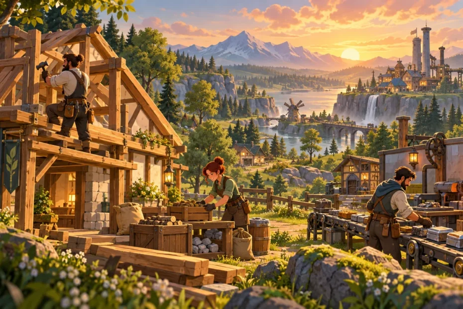 Illustration: Gemeinsam eine Siedlung mit Häusern und einer kleinen Fabrik aufbauen