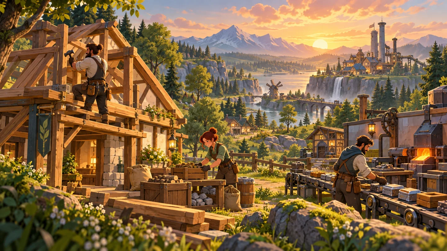 Illustration: Gemeinsam eine Siedlung mit Häusern und einer kleinen Fabrik aufbauen